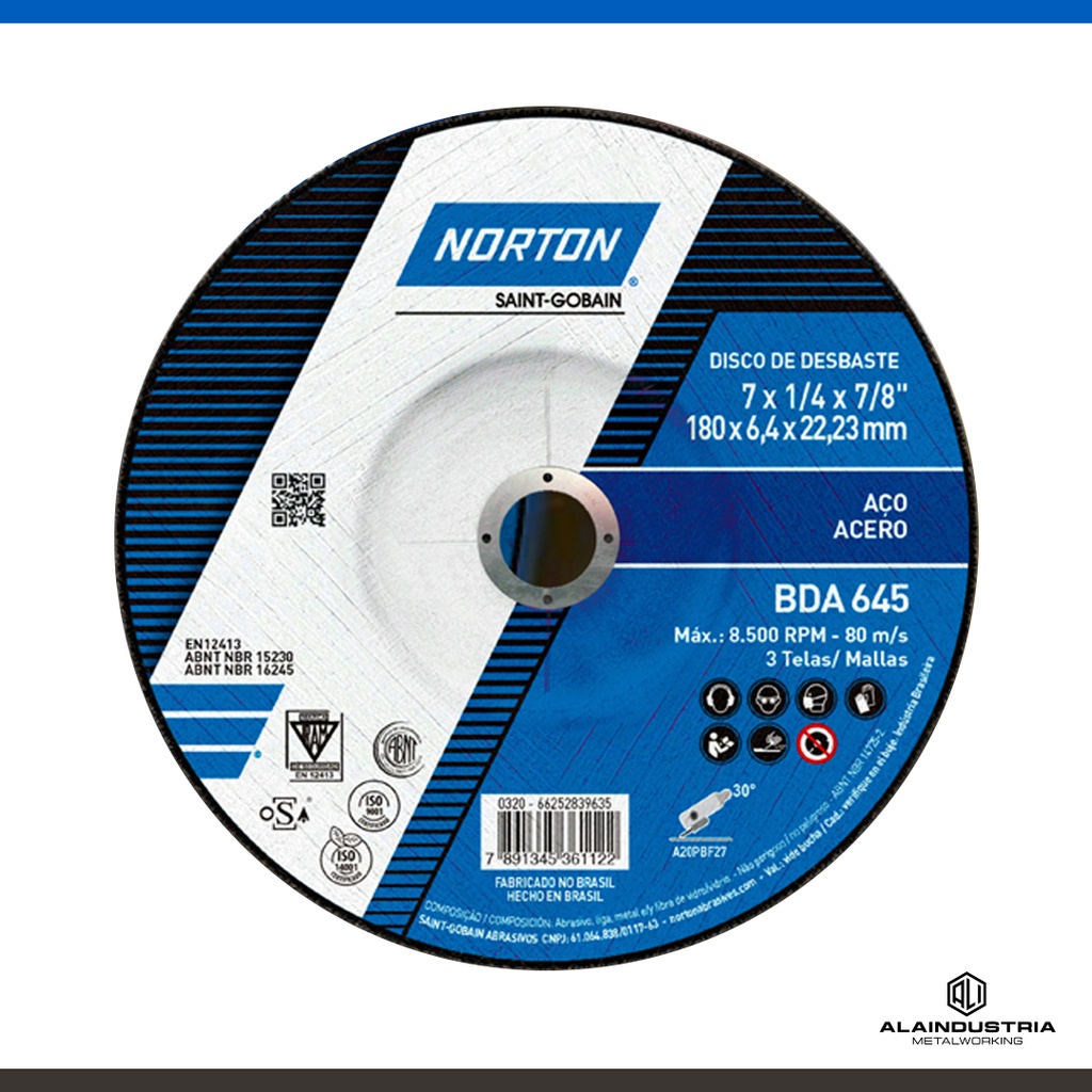 DISCO DESBASTE CTRO DEPRIMIDO Ø115 x 6.4 x 22 NORTON BDA 645