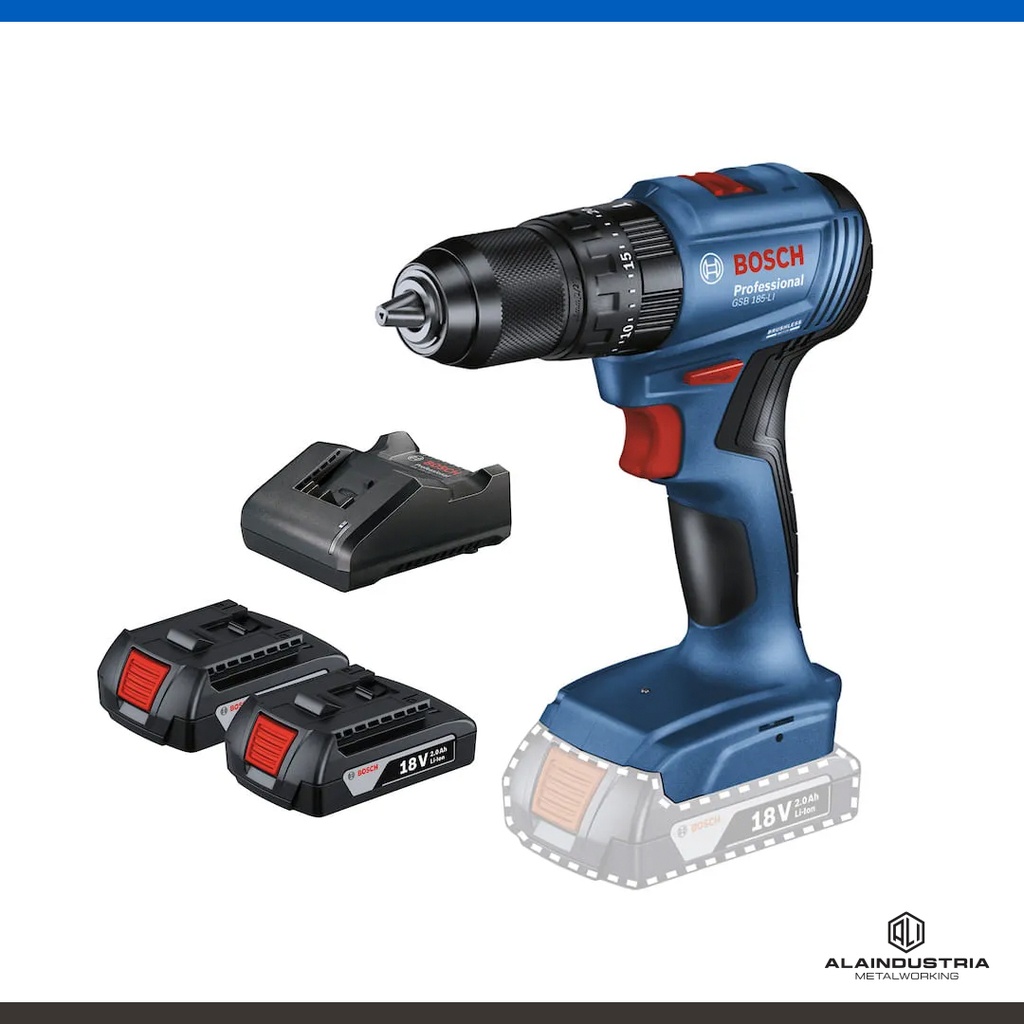 TALADRO ATORNILLADOR A BATERIA 18V BOSCH GSB 185-LI + CARGADOR RAPIDO  GAL 18V-20+ 2 BATERIAS 18V GBA 2.0 Ah + MALETIN PLÁSTICO