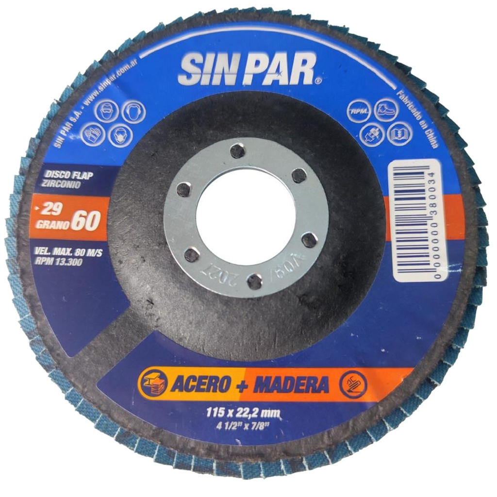 DISCO FLAP ÓXIDO DE ZIRCONIO GRANO 60 Ø 115 mm 22,2 mm SIN PAR x 20 un