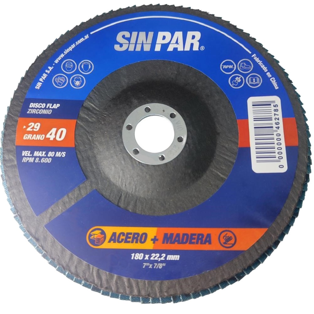 DISCO FLAP ÓXIDO DE ZIRCONIO GRANO 40 Ø 180 mm 22,2 mm SIN PAR x 20 un