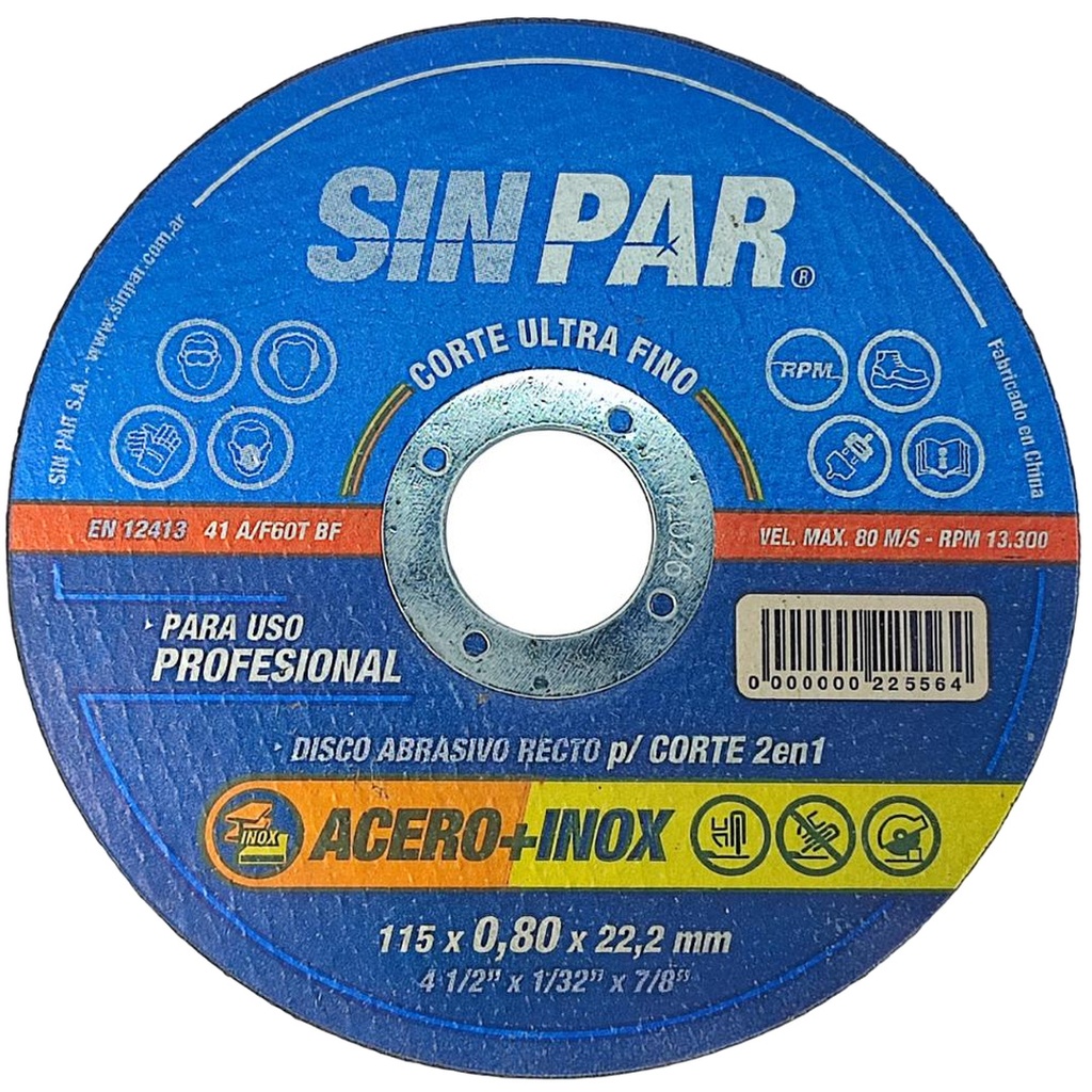 DISCO CORTE ACERO E INOX Ø115 x 0.8 x 22.2 SIN PAR x 100 un