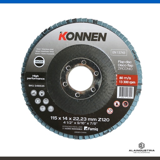 [346535] DISCO FLAP Ø115 x 22 ZIRCONIO #120 KONNEN A.INOXIDABLE