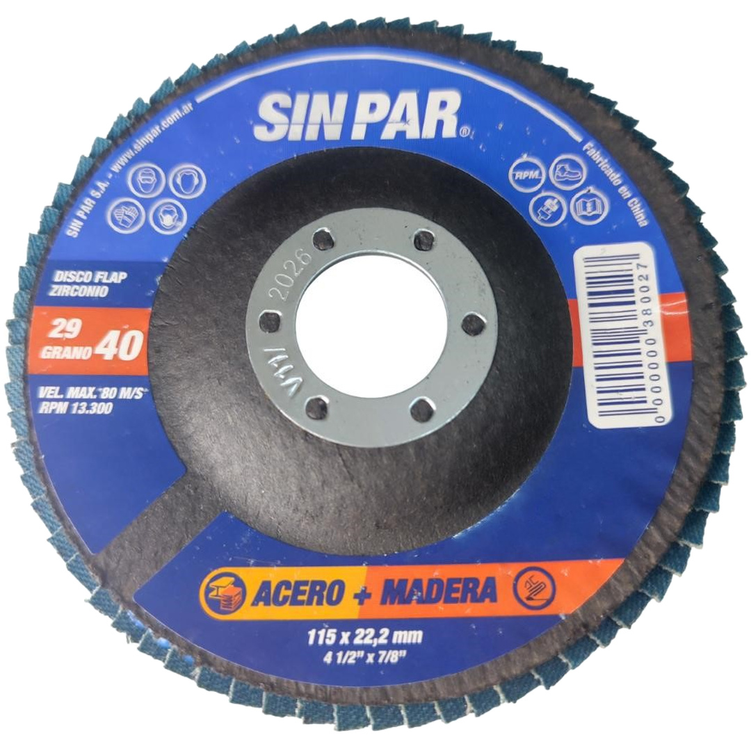 DISCO FLAP ÓXIDO DE ZIRCONIO GRANO 40 Ø 115 mm 22,2 mm SIN PAR x 20 un