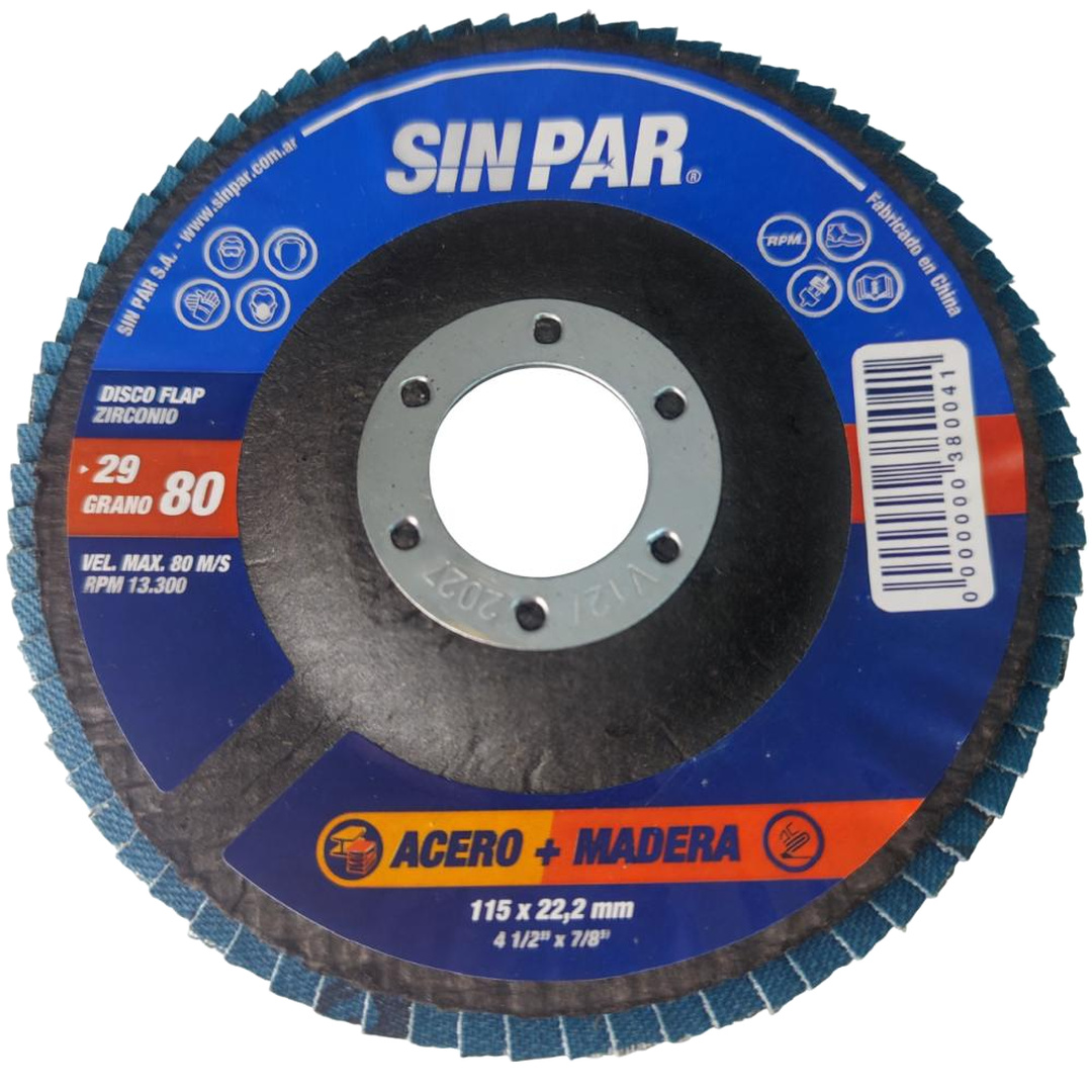 DISCO FLAP ÓXIDO DE ZIRCONIO GRANO 80 Ø 115 mm 22,2 mm SIN PAR x 20 un