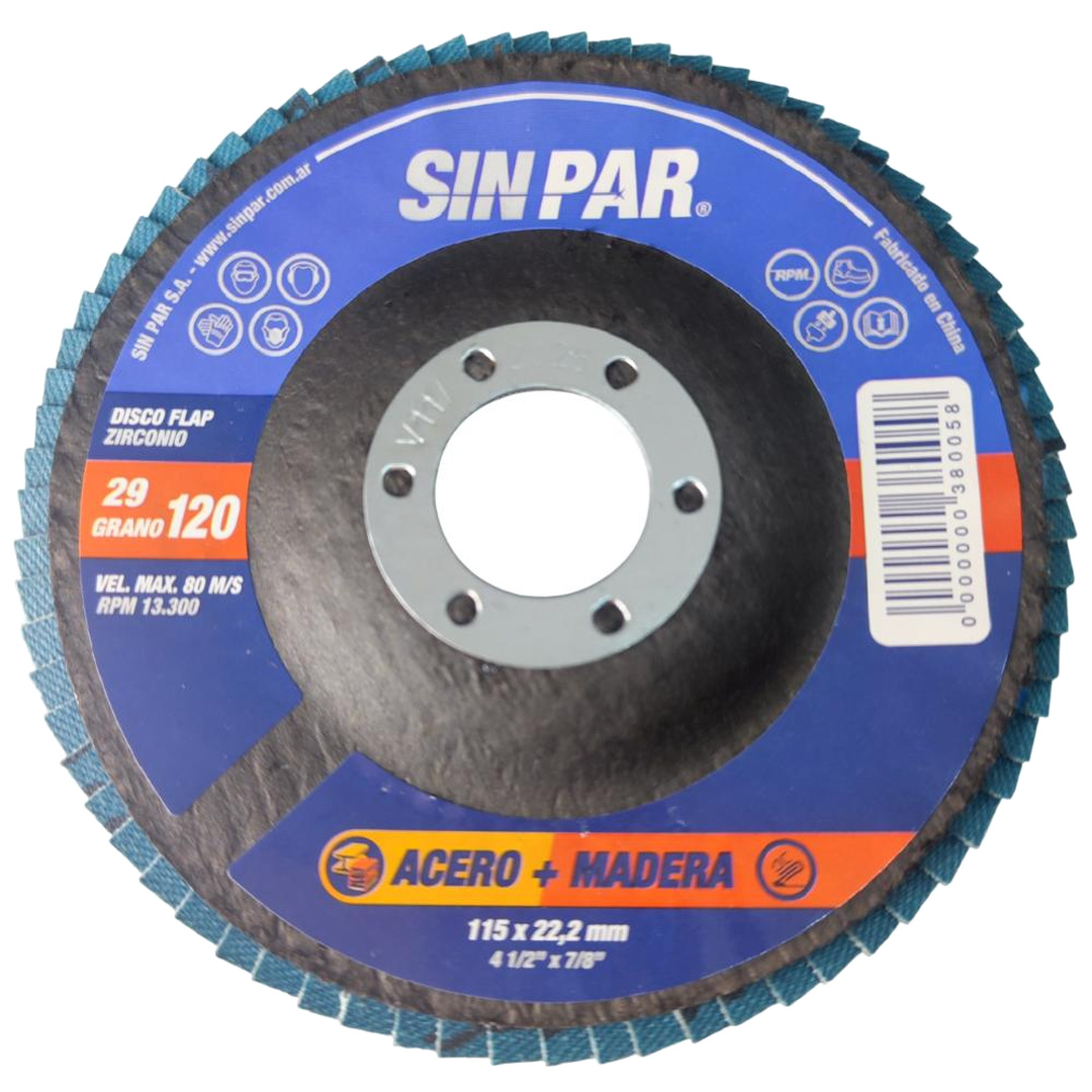 DISCO FLAP ÓXIDO DE ZIRCONIO GRANO 120 Ø 115 mm 22,2 mm SIN PAR x 20 un