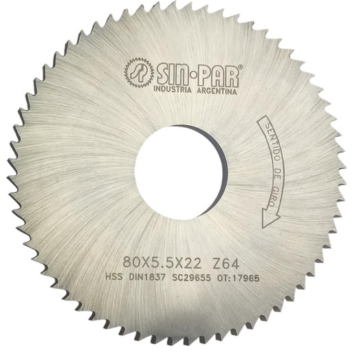 [208548] SIERRA CIRCULAR HSS DIN 1837 Ø 80.0mm x 5.50mm X BUJE 22.0mm Z64 SIN PAR